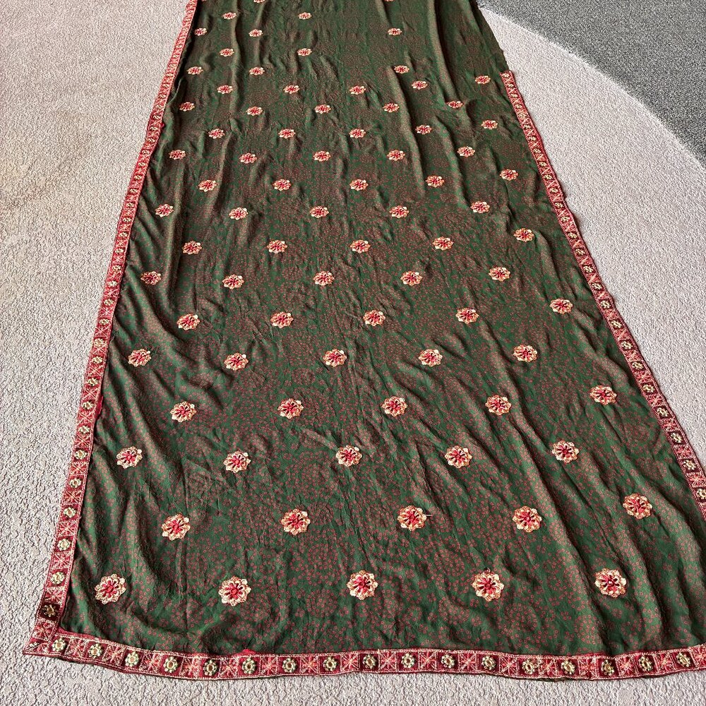 Maroon and Forest Green Chiffon Sari w/ Embroidered Flowers and Mirrors